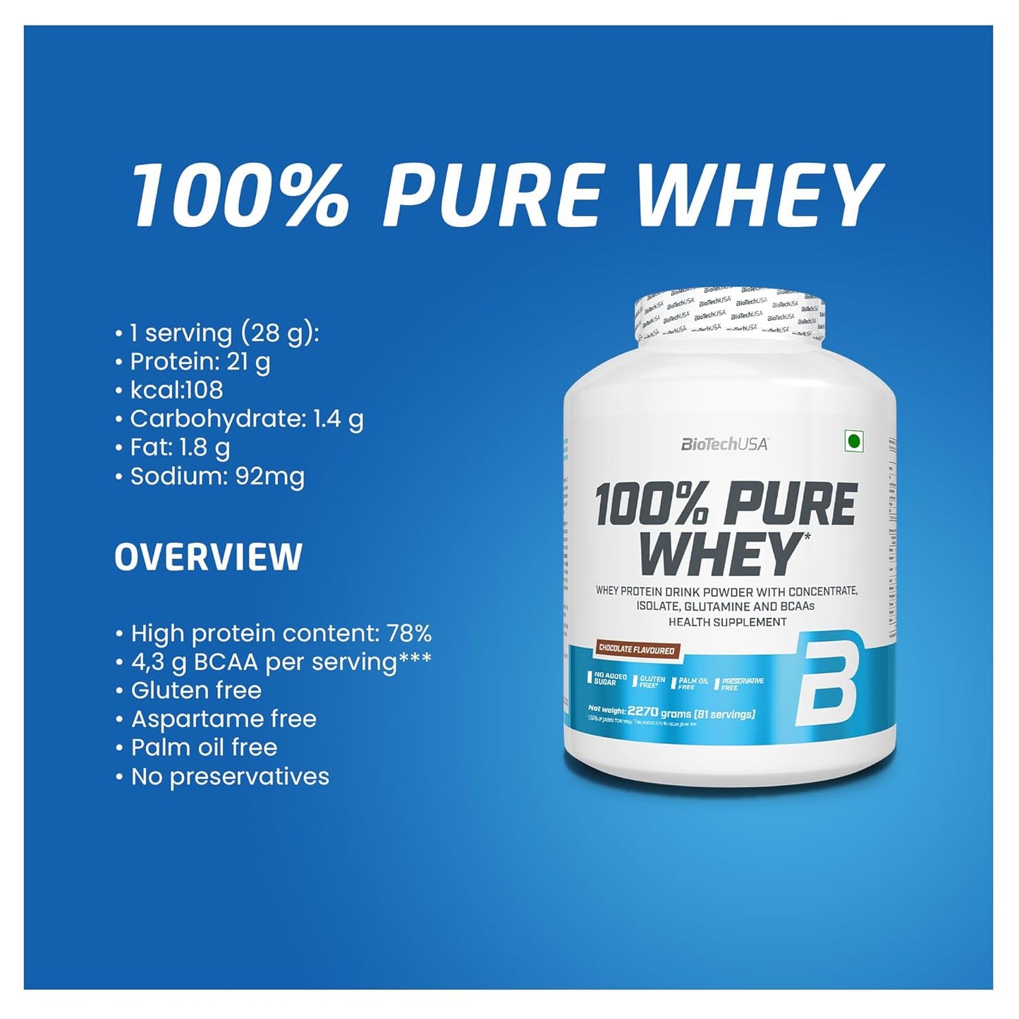 BioTechUSA 100% Pure Whey (Chocolate), 2.27 kg, 81 Servings